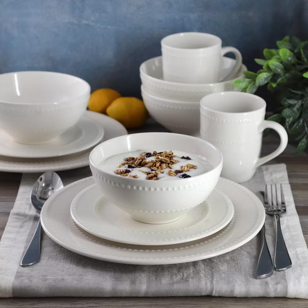 Stoneware Embossed Dot Dinnerware Set in White - Image 13