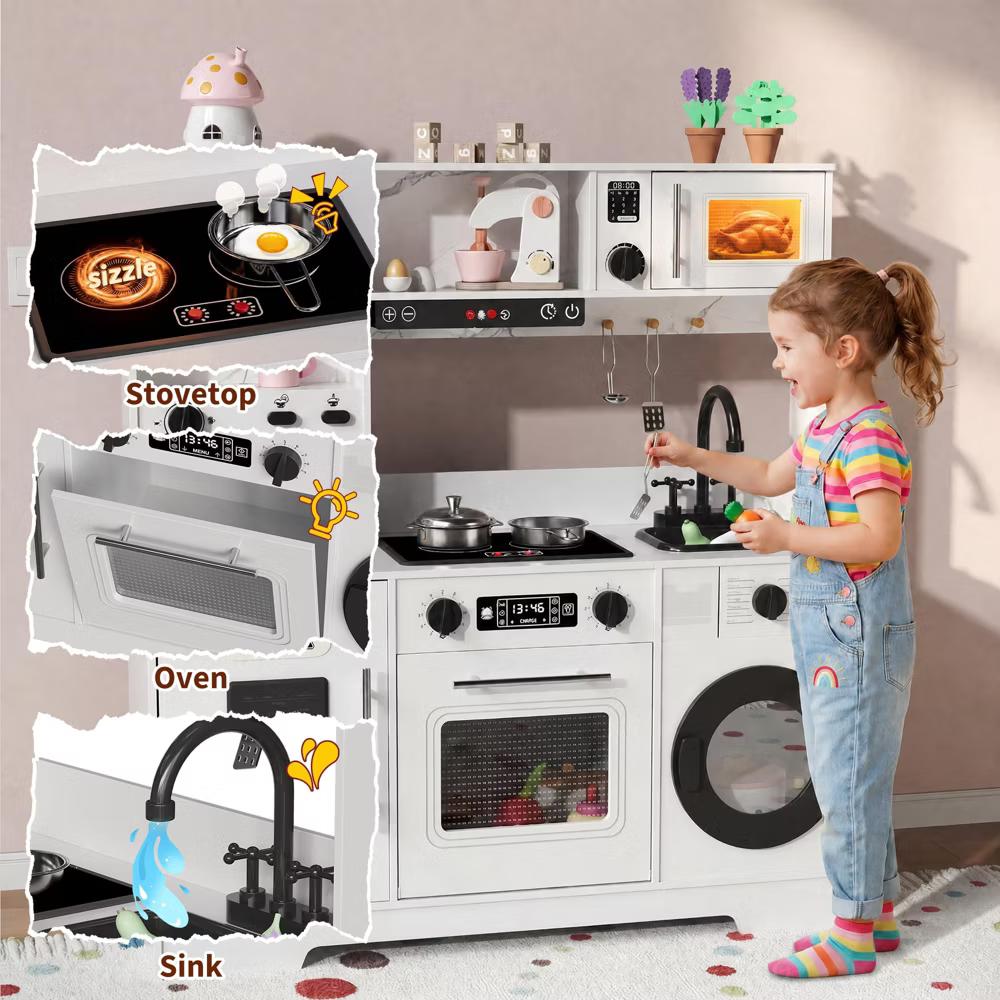 Wooden Play Kitchen for Kids, Wooden Kids Play Kitchen Playset with Lights Sounds, Toddler Pretend Cooking Set with Toy Food Cookware Accessories - Image 16