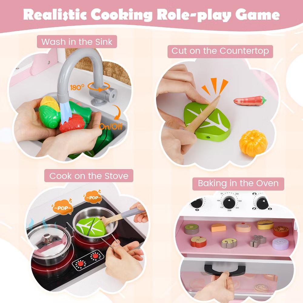 Corner Play Kitchen Toddler Kitchen Playset with Range Hood, Ice Maker, Microwave White/Pink - Image 25