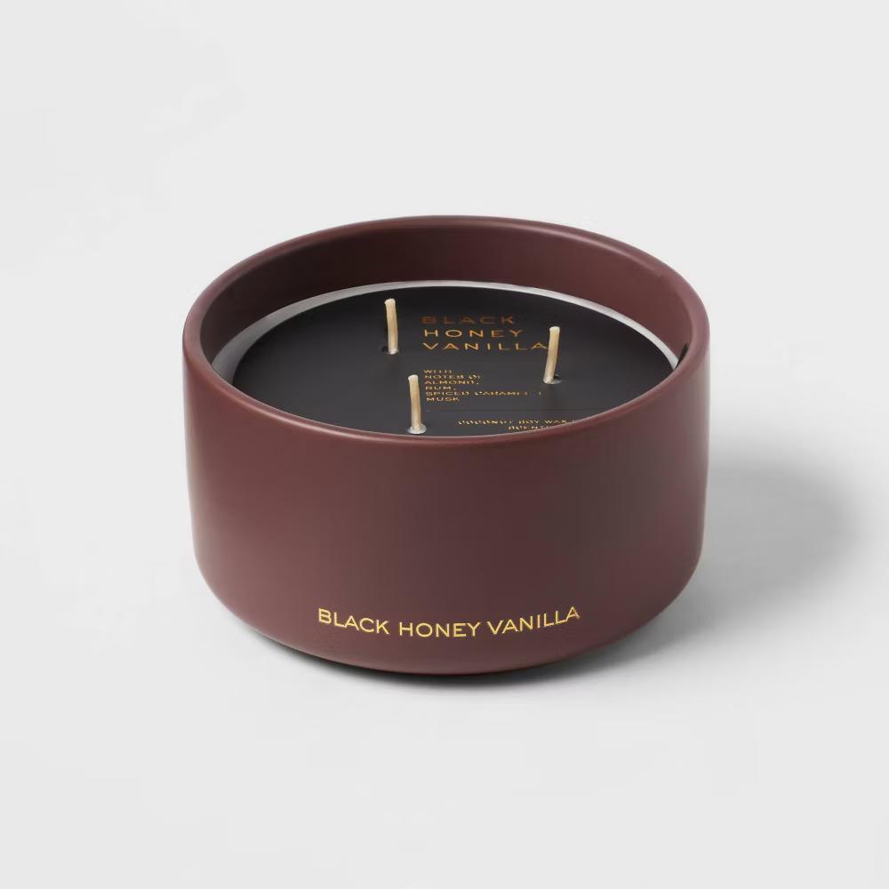 3 Wick 15oz Ceramic Black Honey Vanilla Jar Candle