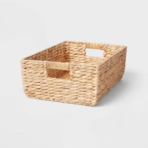 Woven Water Hyacinth Folio Bin - Handwoven Decorative Basket for 13" Cube Storage, Multicolor Naturals