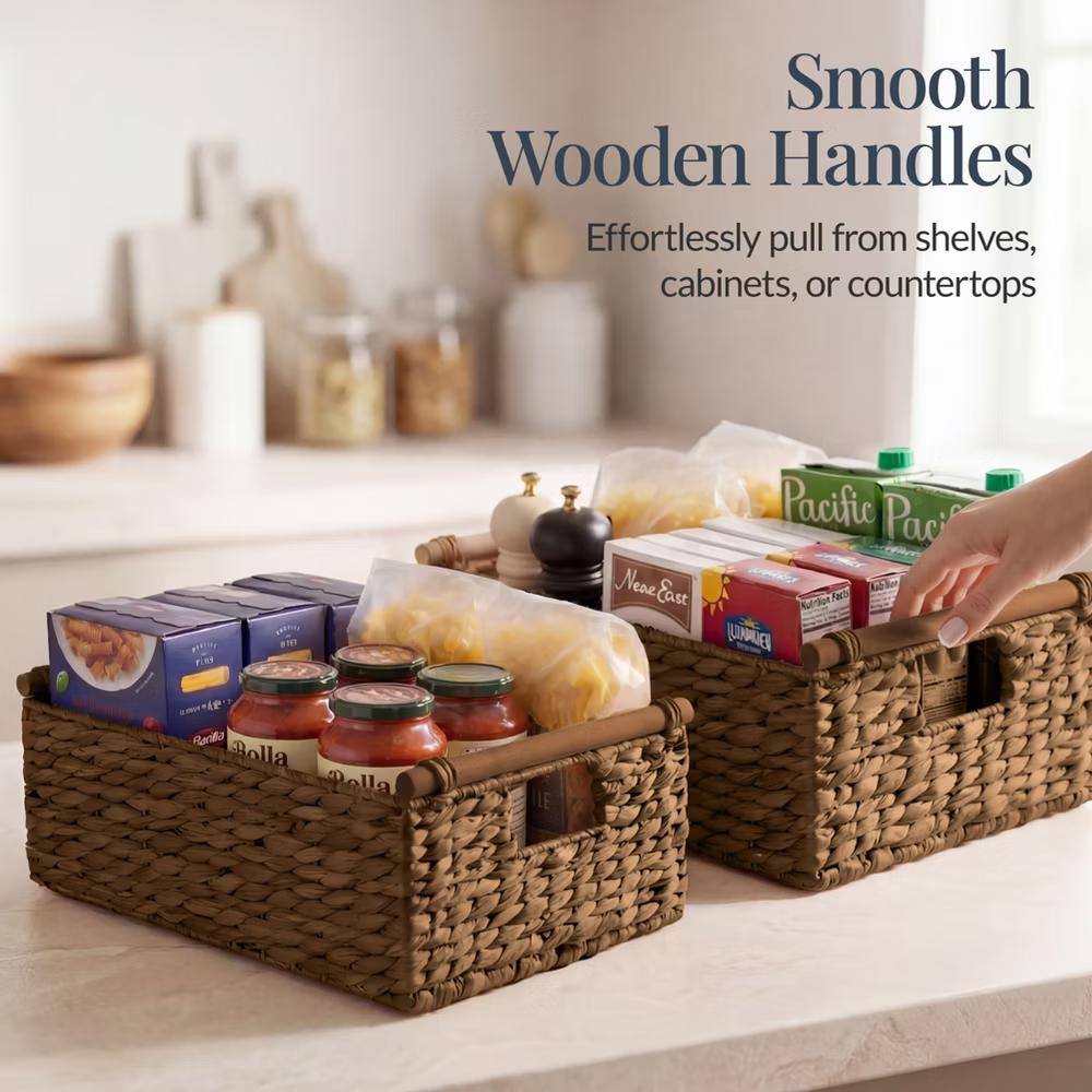 Wicker Storage Basket, Shelf Basket w/ Wooden Handles, Rectangular Storage Bin - Natural - Image 4