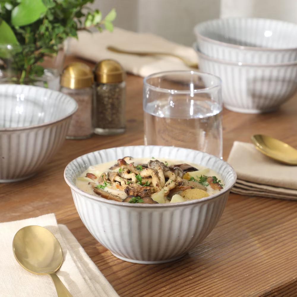 Cereal Bowls Set of 4, 6-Inch Stoneware Soup Bowls, Reactive Glaze Ribbed Bowl Set