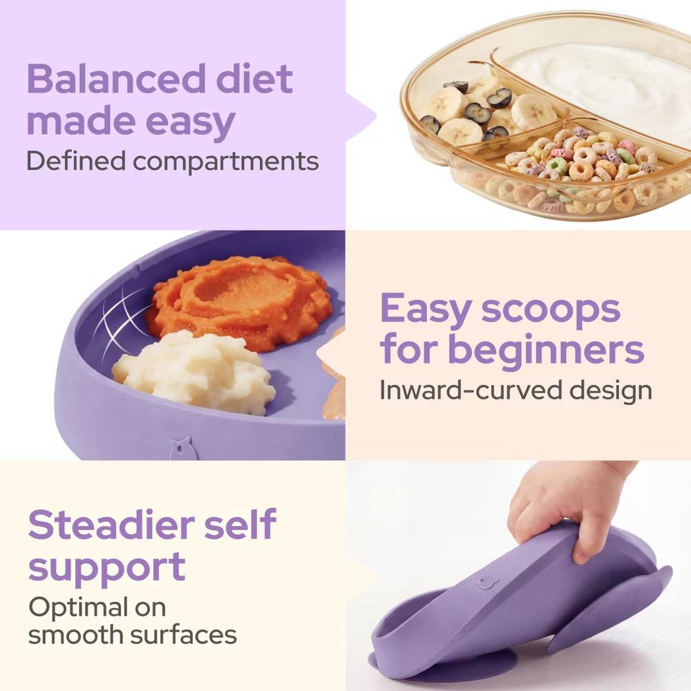 2PCS Baby Divided Dishes Plates with Suction Base for 0-3 Years Old Toddler BPA Free Non-Toxic PPSU Food Grade Silicone Microwave Iris Lilac - Image 3