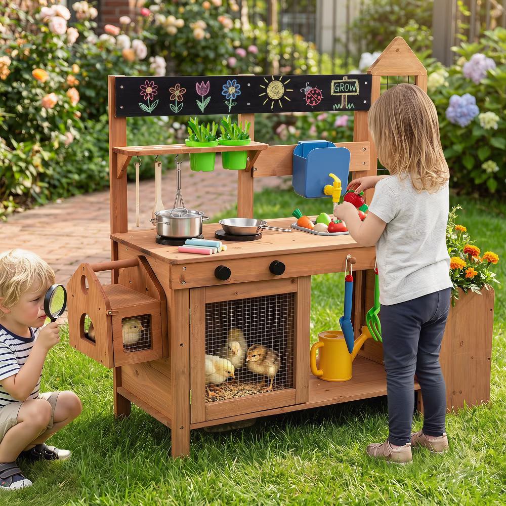 Kids Mud Kitchen with Detachable Bird Cage, Planter, Trellis, 2 Sinks, Stoves - Image 9