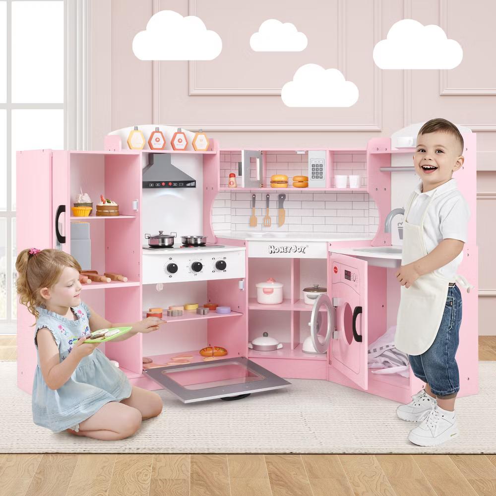 Corner Play Kitchen Toddler Kitchen Playset with Range Hood, Ice Maker, Microwave White/Pink - Image 28