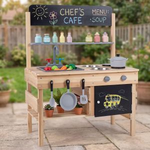 Outdoor Mud Kitchen for Kids, Wooden Play Pretend Kitchen with Cooking Accessories Natural