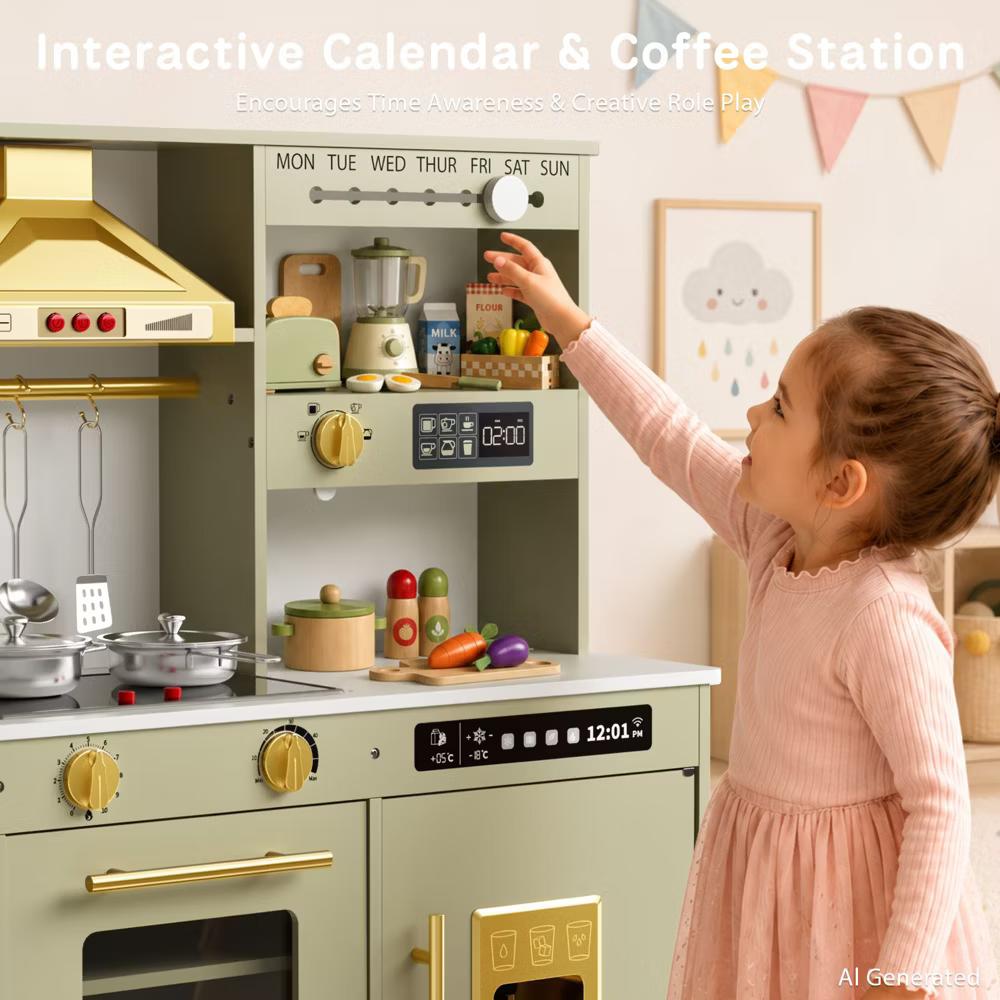 Wooden Play Kitchen for Kids with Running Water Sink, Interactive Stove, Ice Maker, Microwave, Oven & Dishwasher, Ages 3+ - Image 45