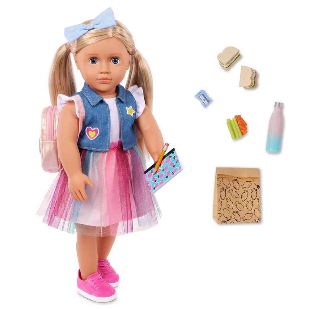 Evie 18" School Doll in Rainbow Skirt with Backpack & Accessories Set