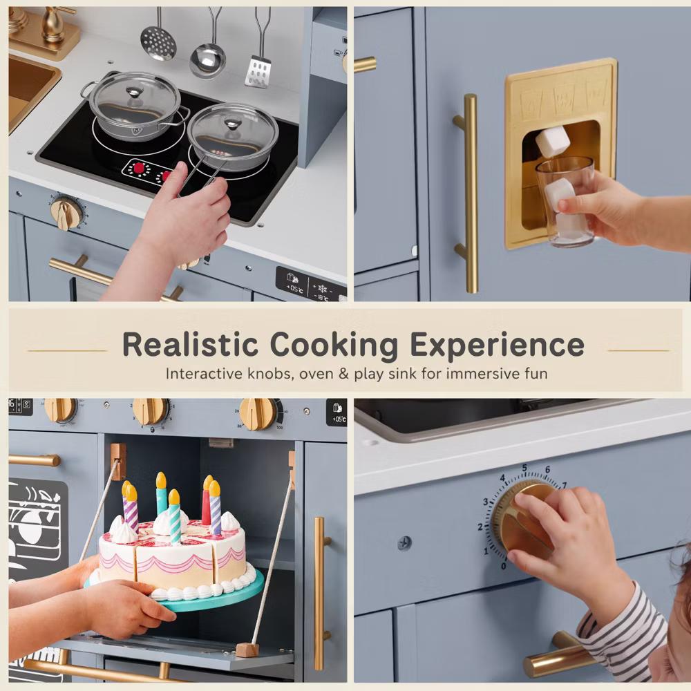 Wooden Play Kitchen for Kids with Running Water Sink, Interactive Stove, Ice Maker, Microwave, Oven & Dishwasher, Ages 3+ - Image 34
