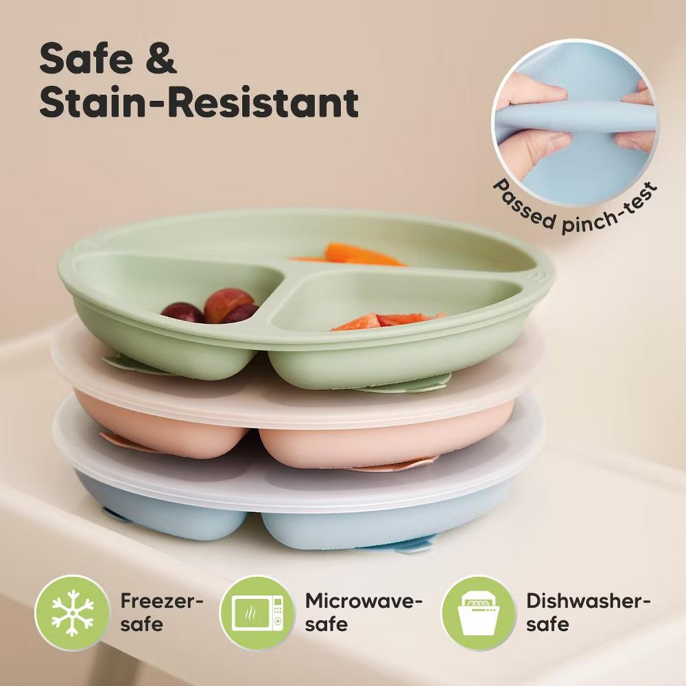 3-Pack Prep Suction Plates with Lids, 100% Silicone Baby Plates with Lid, BPA-Free Kids Divided Toddler Plates - Image 22