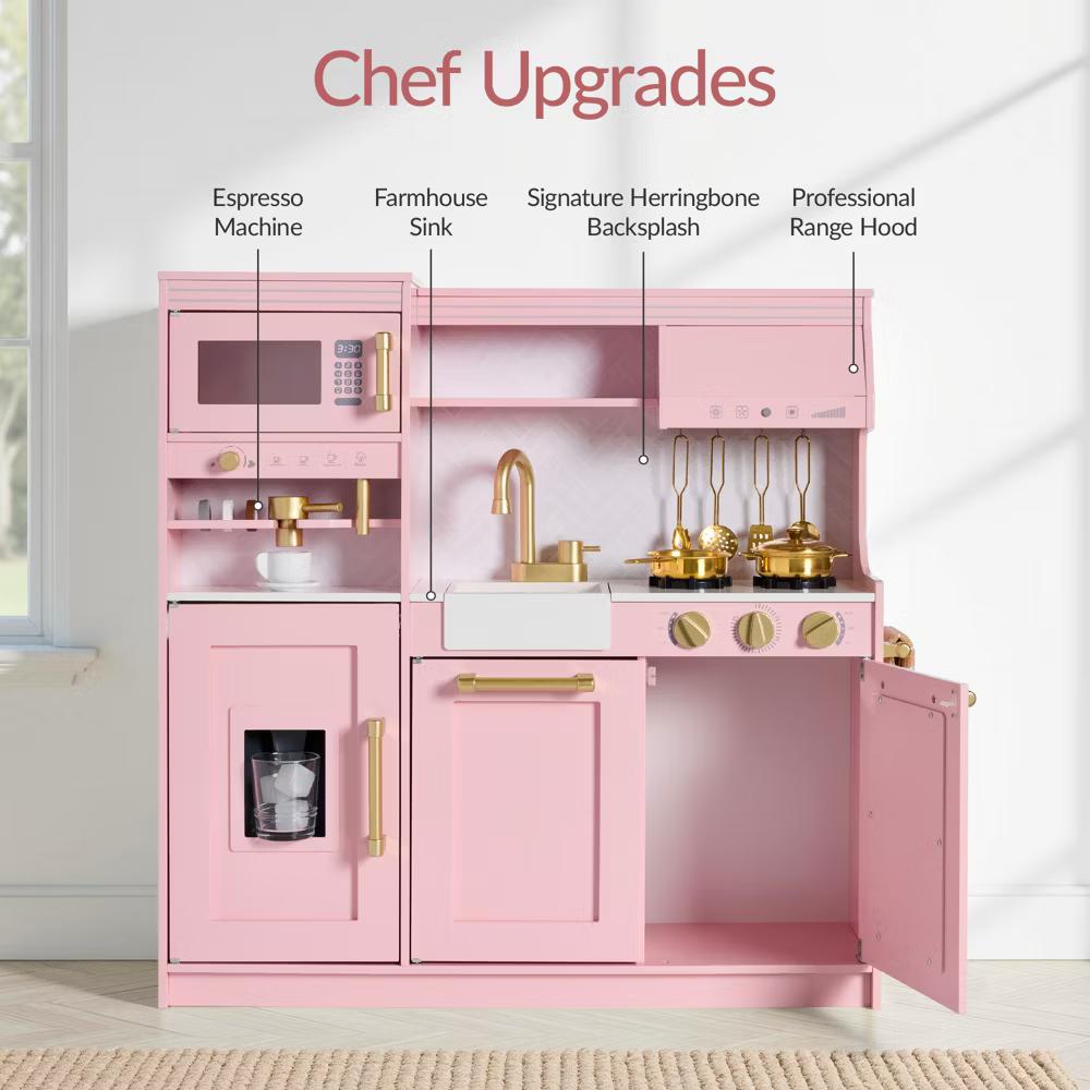 Wooden Toddler Kitchen Playset with Espresso Machine, Toy Storage and 17 Accessories - Pink - Image 6