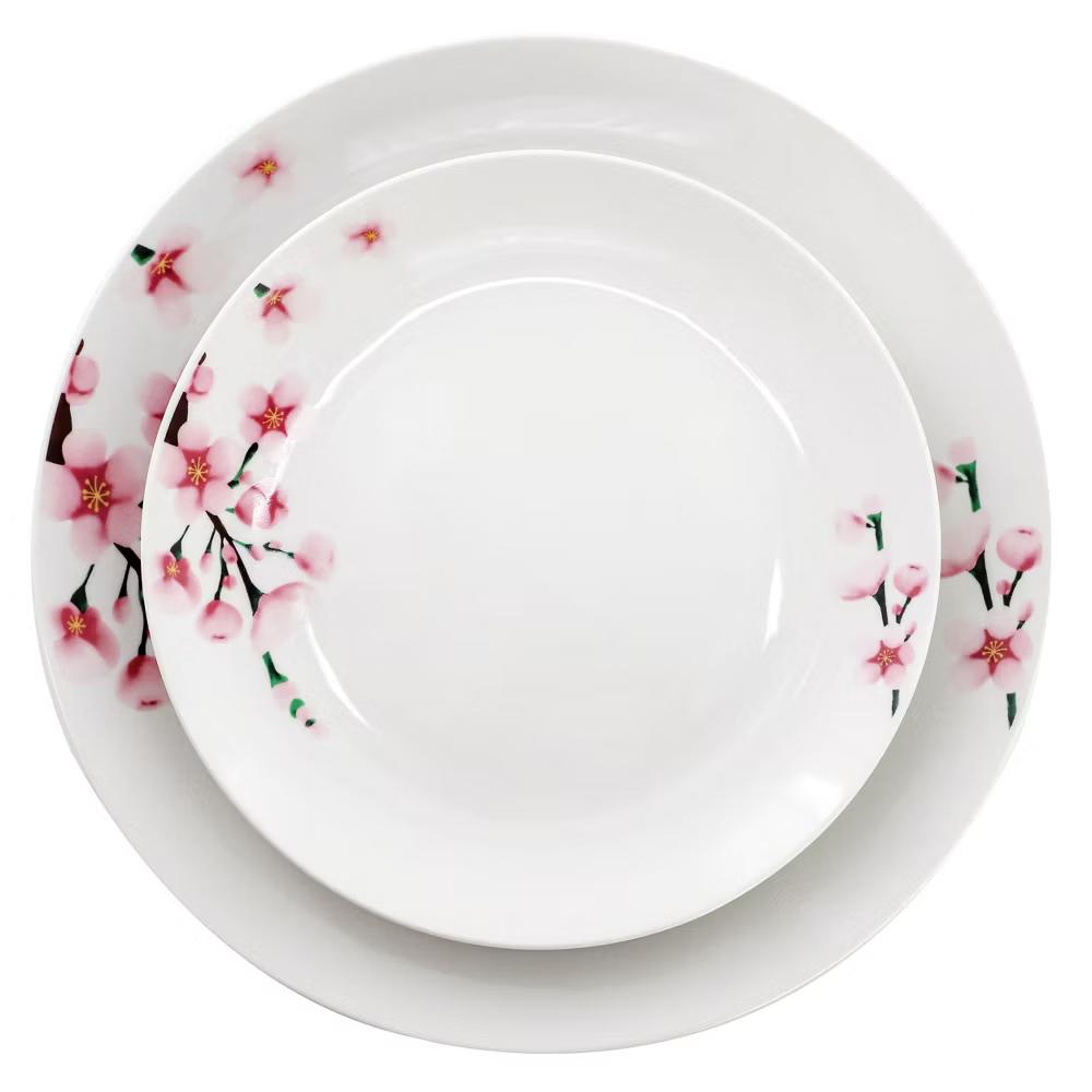 Tamara Cherry Blossom Porcelain Dinnerware Set in White and Pink - Image 2