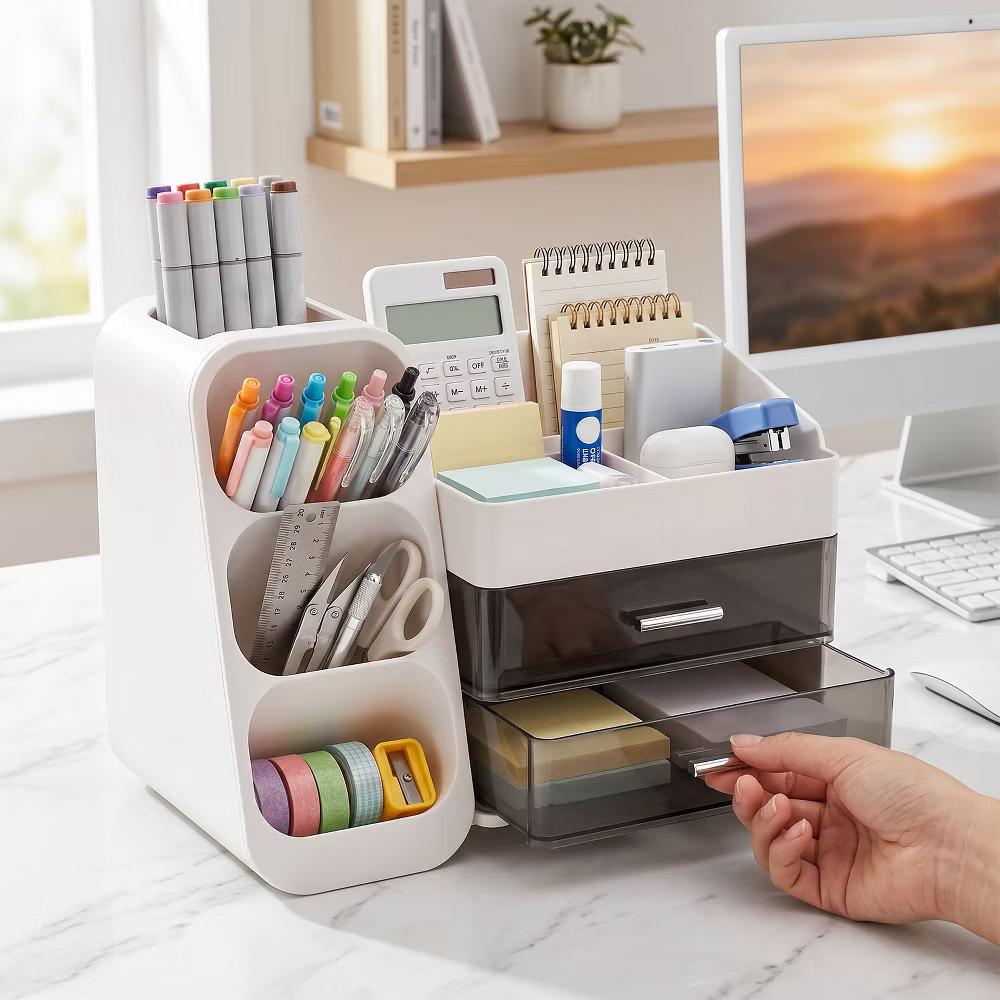 Desktop Organizer with Pen Holder, Multi-Grid Stationary Storage Caddy with 2 Clear Drawers for Office Supplies & Makeup - Image 14