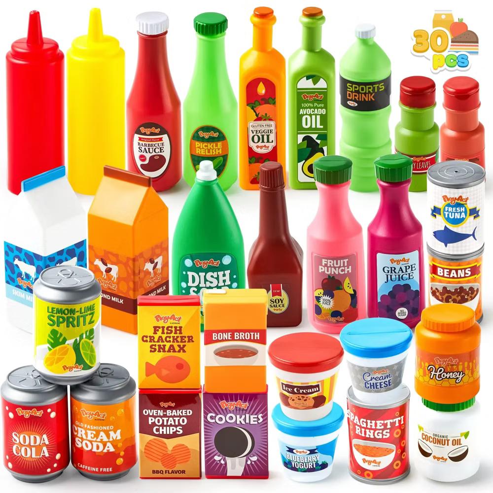 30 Pcs Play Food Grocery Cans, Party Play Set, Play Kitchen Accessories, Gifts & Indoor Toys for Kids Toddlers 3 4 5 6 Years Old
