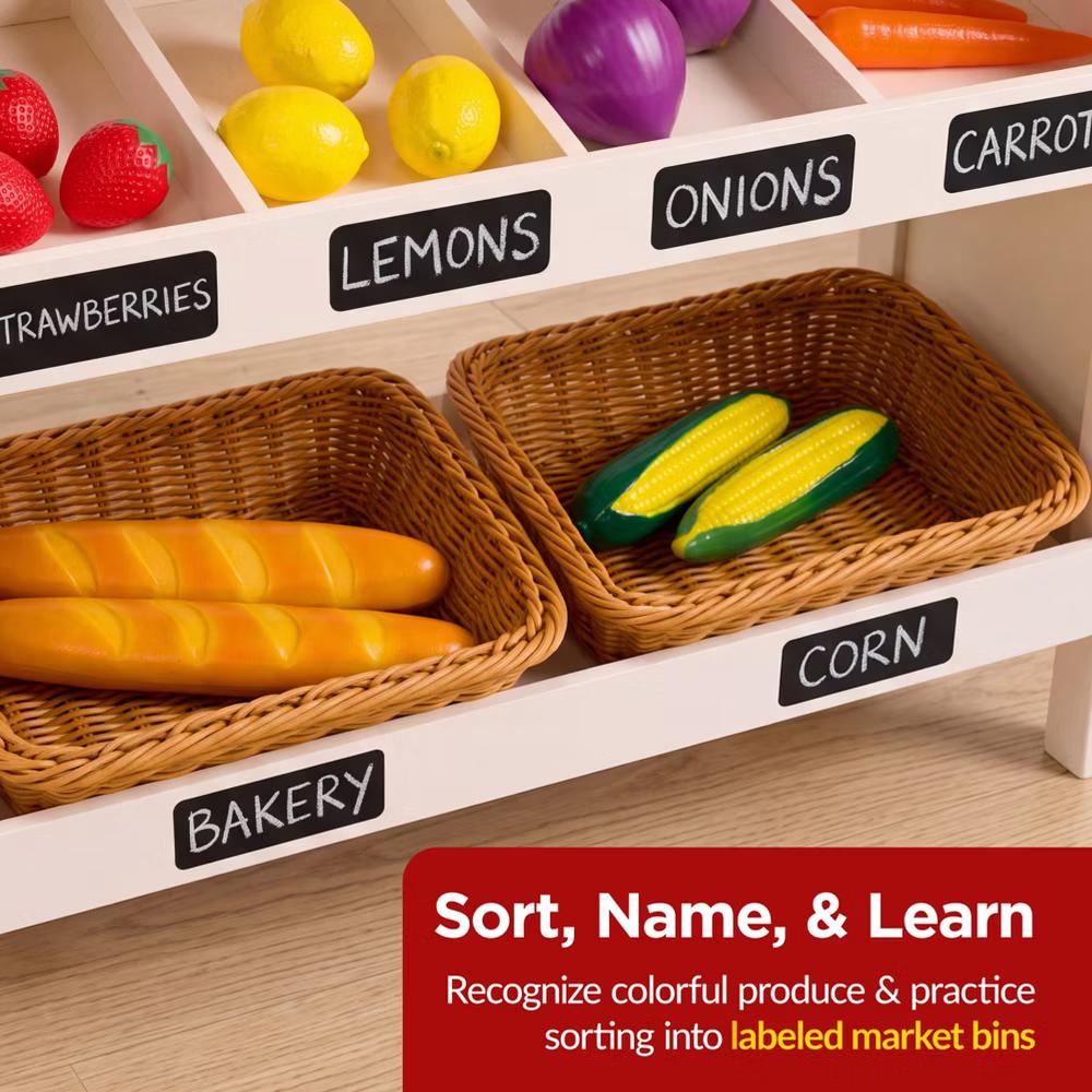 Wooden Farmers Market Stand for Kids with 22 Play Food Accessories, Pretend Grocery Store - Image 5