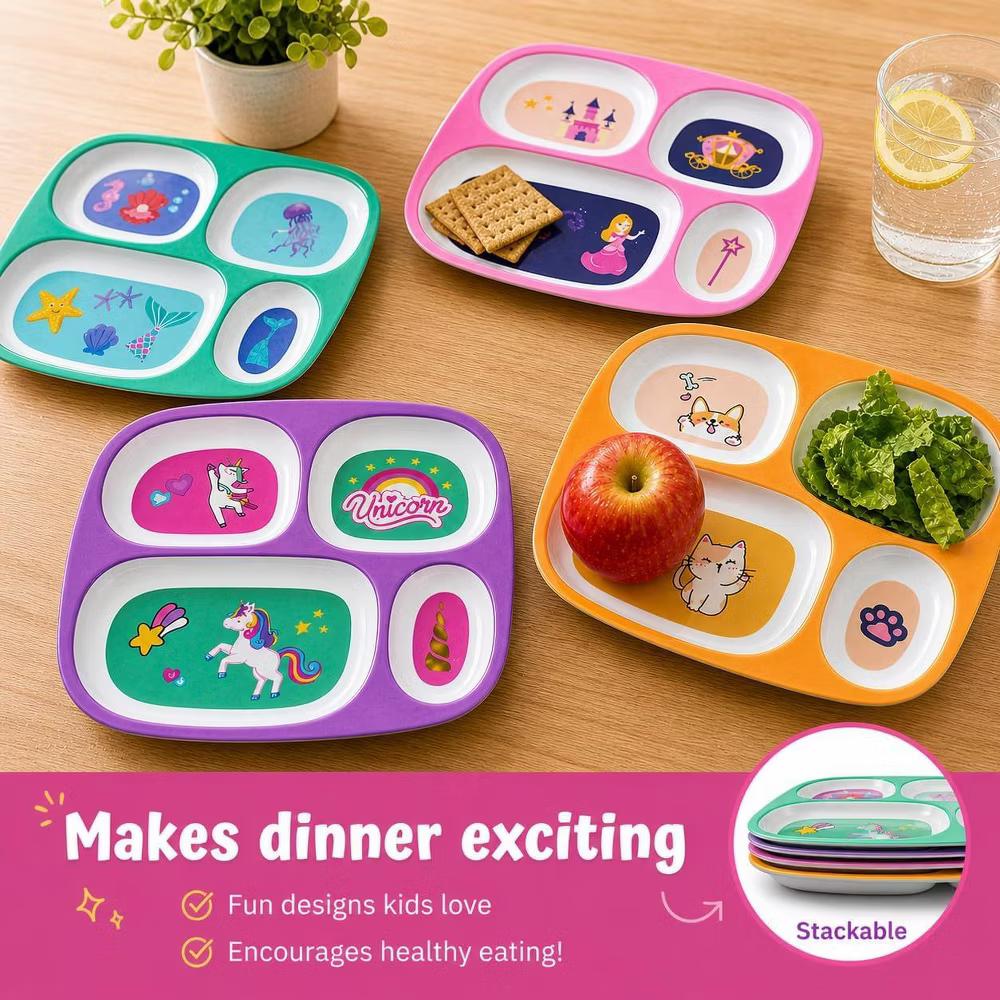 4E’s Novelty Kids Melamine Divided Dinner Plates – Set of 4 BPA-Free Plates for Picky Eaters - Image 6