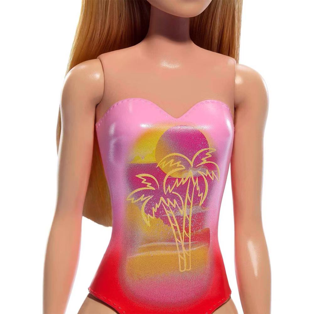 12.7" Beach Doll Blond Hair/Blue Eyes Wearing Pink Palm Tree Print Swimsuit - Image 3