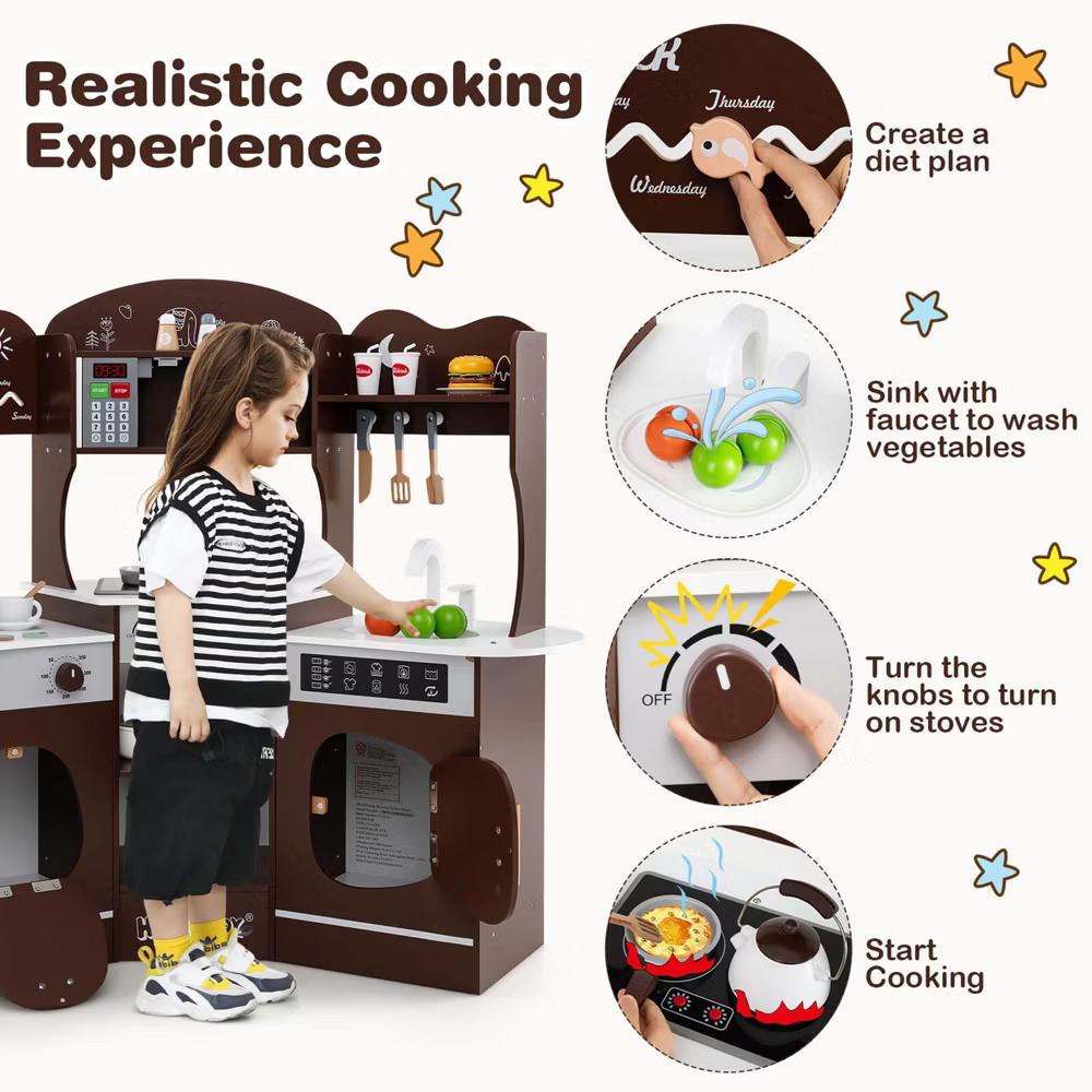 Corner Kitchen Playset with Coffee Machine Oven Microwave Washing Machine White/Brown/Pink - Image 10
