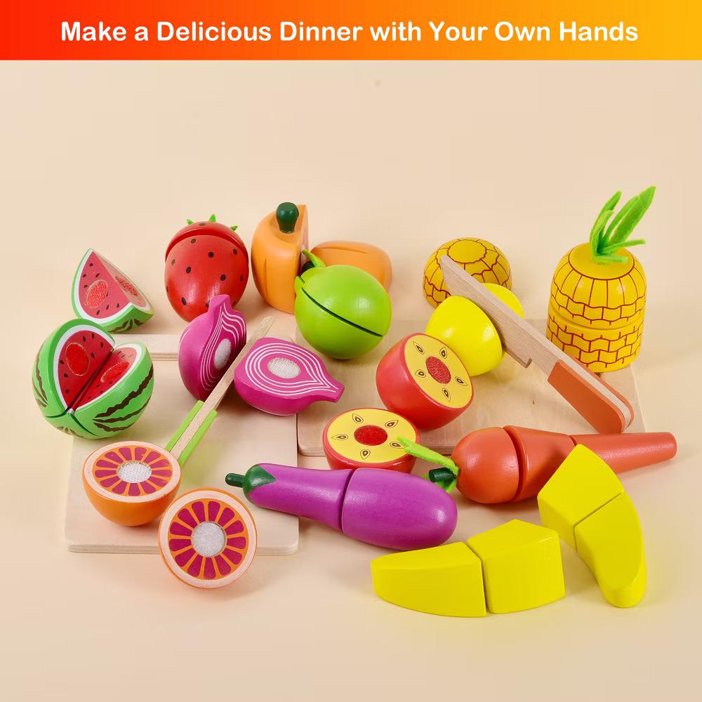 35Pcs Wooden Cutting Food Play Set with Storage Crate, Pretend Fruit & Veggie Toys, Play Kitchen Accessories for Kids - Image 7