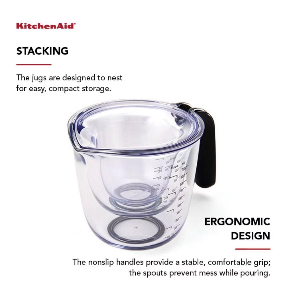 KitchenAid Set of 3 Measuring Cups: Plastic, Dishwasher-Safe, Easy-Pour Spout, 2, 1, & 4-Cup Stackable Design - Image 6