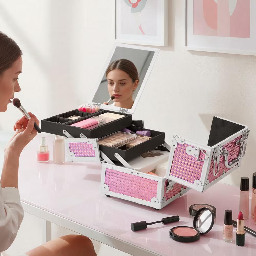 Yaheetech Aluminum Portable Makeup Train Case Cosmetic Storage Case with Mirror, Adjustable Dividers - Image 8