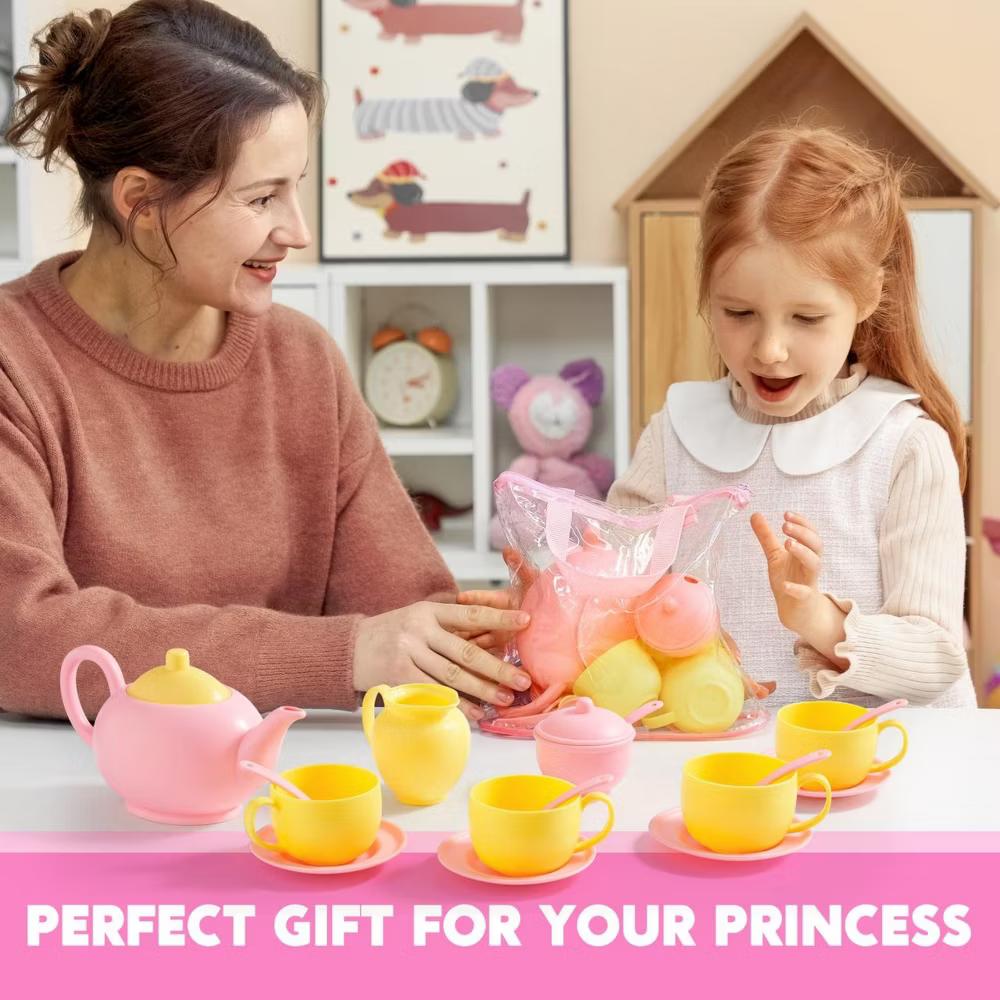 18PCS Toy Tea Set,Pretend Play Tea Party Set, Play Food Accessories Pink Tea Set, Mini Kitchen for Kids, Gifts for Toddler Girls Ages 3 4 5 6