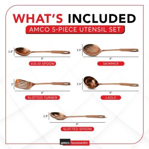 Amco 5-Piece Stainless Steel Cooking Utensil Set, Copper Finish, Includes Kitchen Ladle, Slotted Turner, Skimmer, Solid Spoons, 14" with Hanging Holes