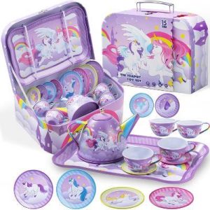 15Pcs Unicorn Tea Party Set for Girls, Pretend Play Teapot Kitchen Toy, Princess Tea Time Toy, Christmas Birthday Gifts for Kids Ages 3 4 5 6