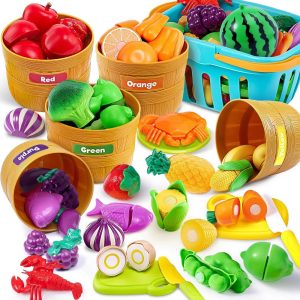 Montessori Learning Toys for 3 4 5 Year Olds - Cutting Play Food Set for Toddlers, Kitchen Color Sorting for Preschool, Christmas Gift for Kids
