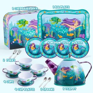 35Pcs Mermaid Tea Party Set for Girls, Pretend Tin Teapot Set, Princess Tea Time Play Kitchen Toy, Birthday Gifts Kids Toddlers Age 2 3 4 5 6