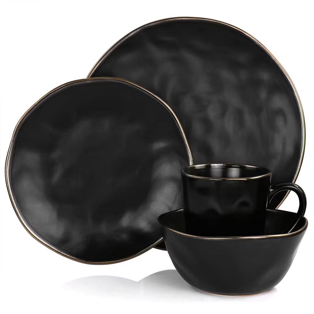16pc Modern Stoneware Dinnerware Set with Rim Matte Black/Gold - Image 8