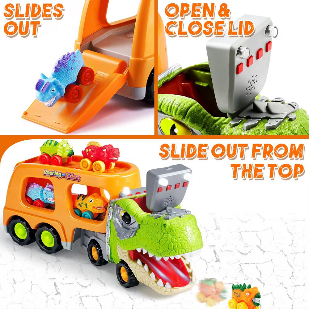 Dinosaur Truck Toy with 6 Rubber Car, Music & Lights, Dinosaur Car Carrier Truck Toy, Toddler Christmas Birthday Gift for 2 3 4 5 Year Old Boys - Image 3