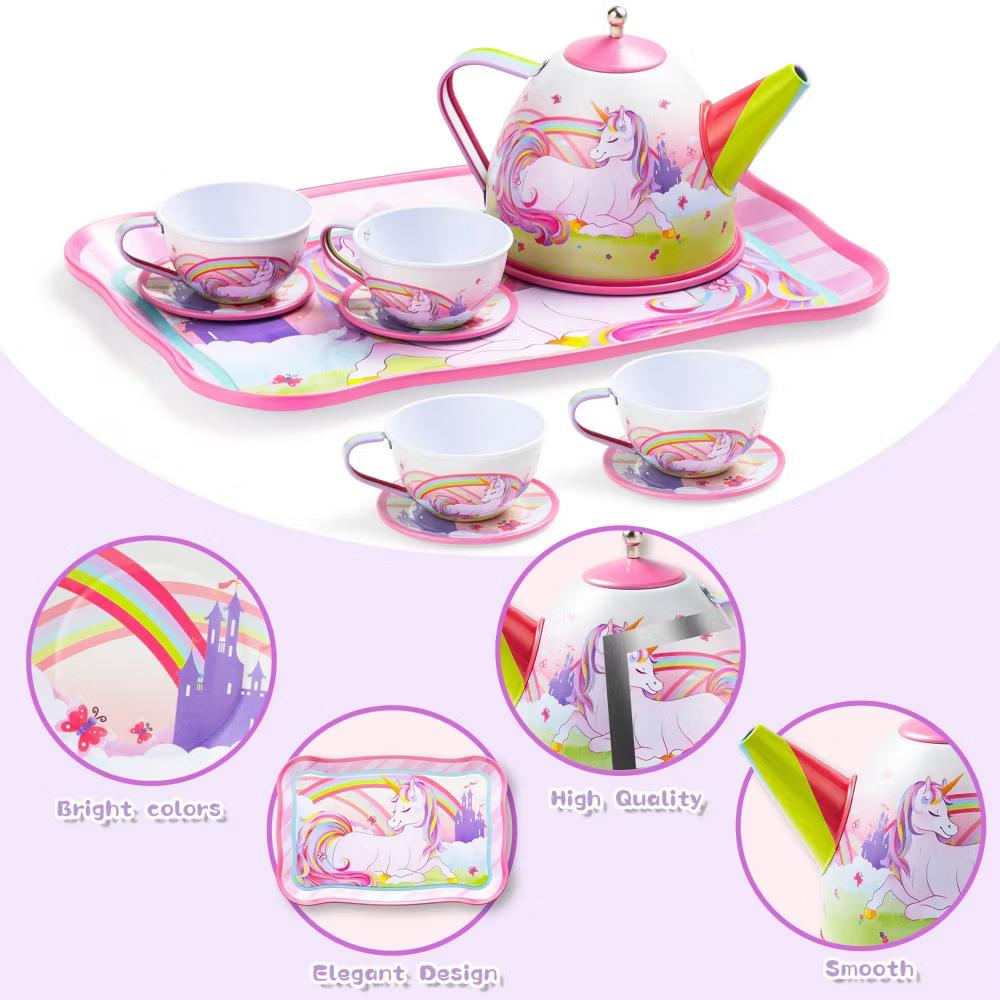 Unicorn Tea Party Set for Little Girls Ages 3-6, 15Pcs Pretend Play Kitchen Toys with Teapot Cups, Plates, Storage Case, Birthday Christmas Gift - Image 3