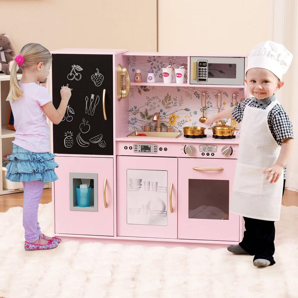 Kid's Pretend Play Kitchen Toddler Kitchen Playset with Blackboard Pink/White/Light Pink/Beige - Image 45