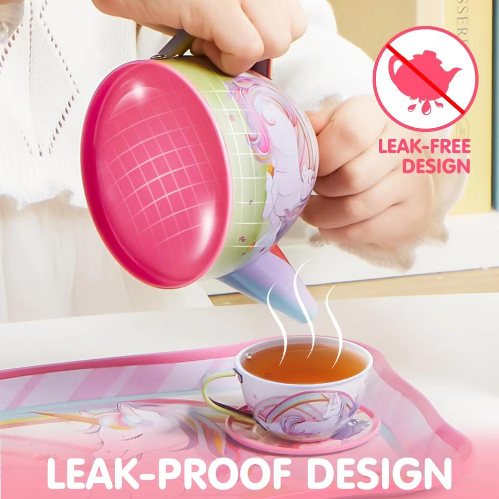 35Pcs Unicorn Tea Party Set for Little Girls, Pretend Tin Teapot Set, Princess Tea Time Play Kitchen Toy for Birthday Gifts Kids Toddlers Age 3 4 5 6 - Image 3