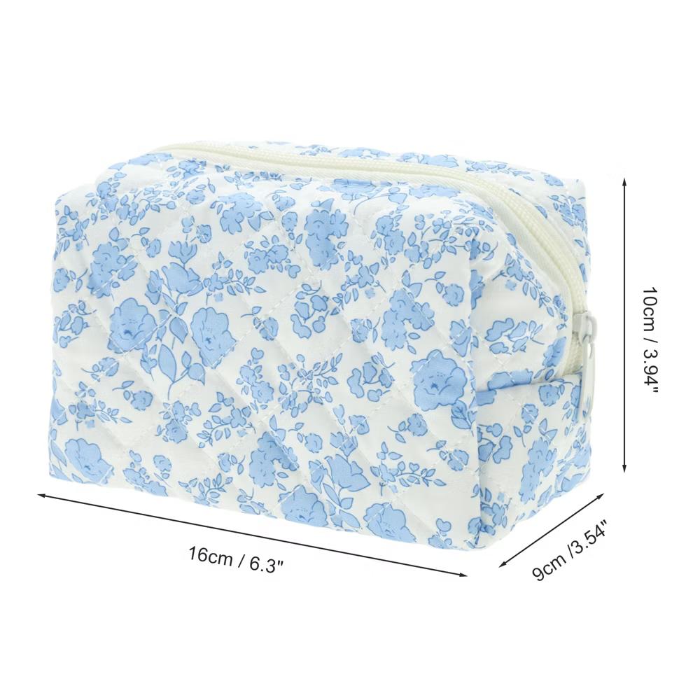 Floral Quilting Makeup Bag Blue White 1 Pc