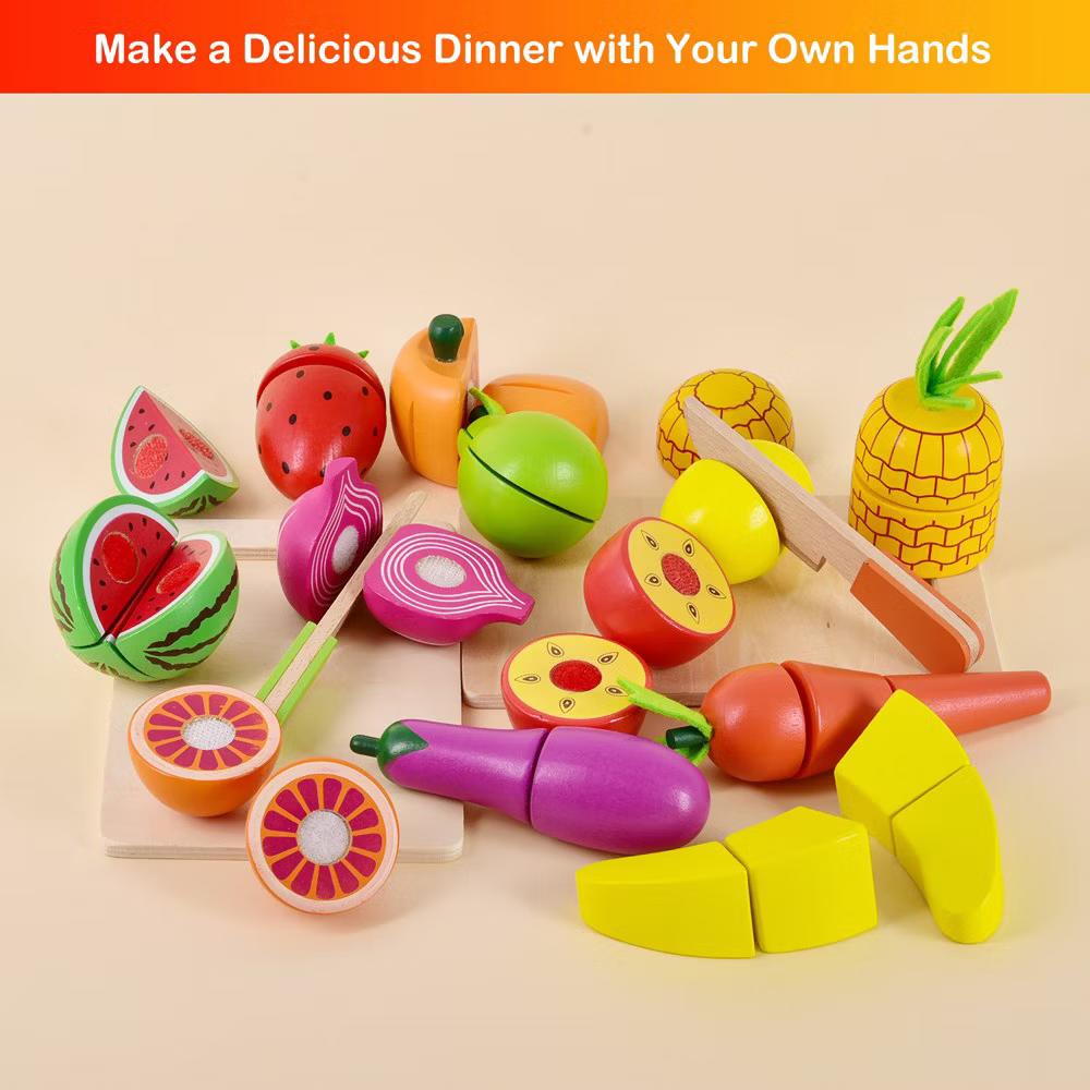 Fun Little Toys 35 PCS Wooden Cutting Food Set, Pretend Play Kitchen Accessories for Kids - Image 5