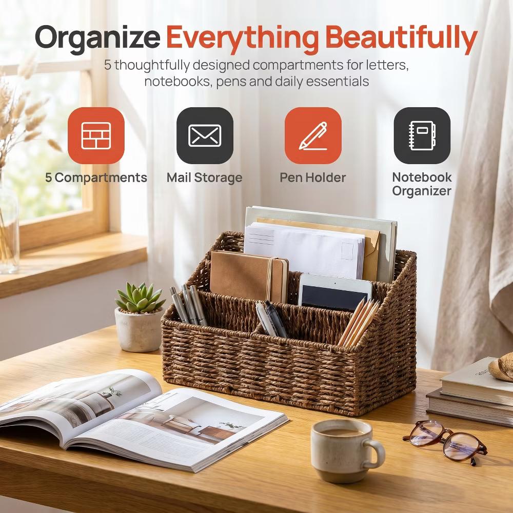 Wickerwise Handwoven Paper Rope Desktop Organizer for Mail & Files - Image 2