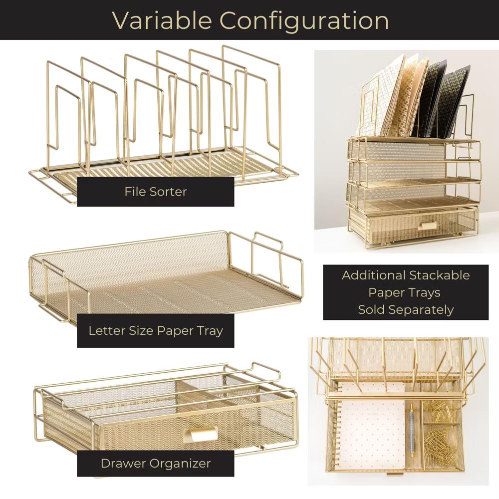 Blu Monaco Gold Desk Organizer - Includes Detachable File Organizer, Stackable Paper Tray & Drawer, Office Supplies for Desk - Image 7
