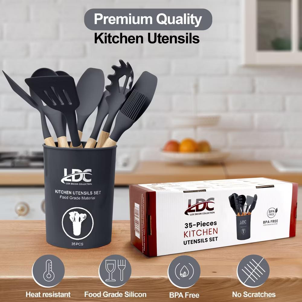 Lux Decor Cooking Utensil Set 35 Piece Silicone and Wood Kitchen Utensil Set with Holder Non Stick Kitchen Gadgets & Tools - Image 6