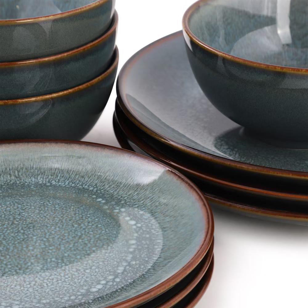 Reactive Glaze Stoneware Dinnerware Set in Blue with Brown Rim - Image 2