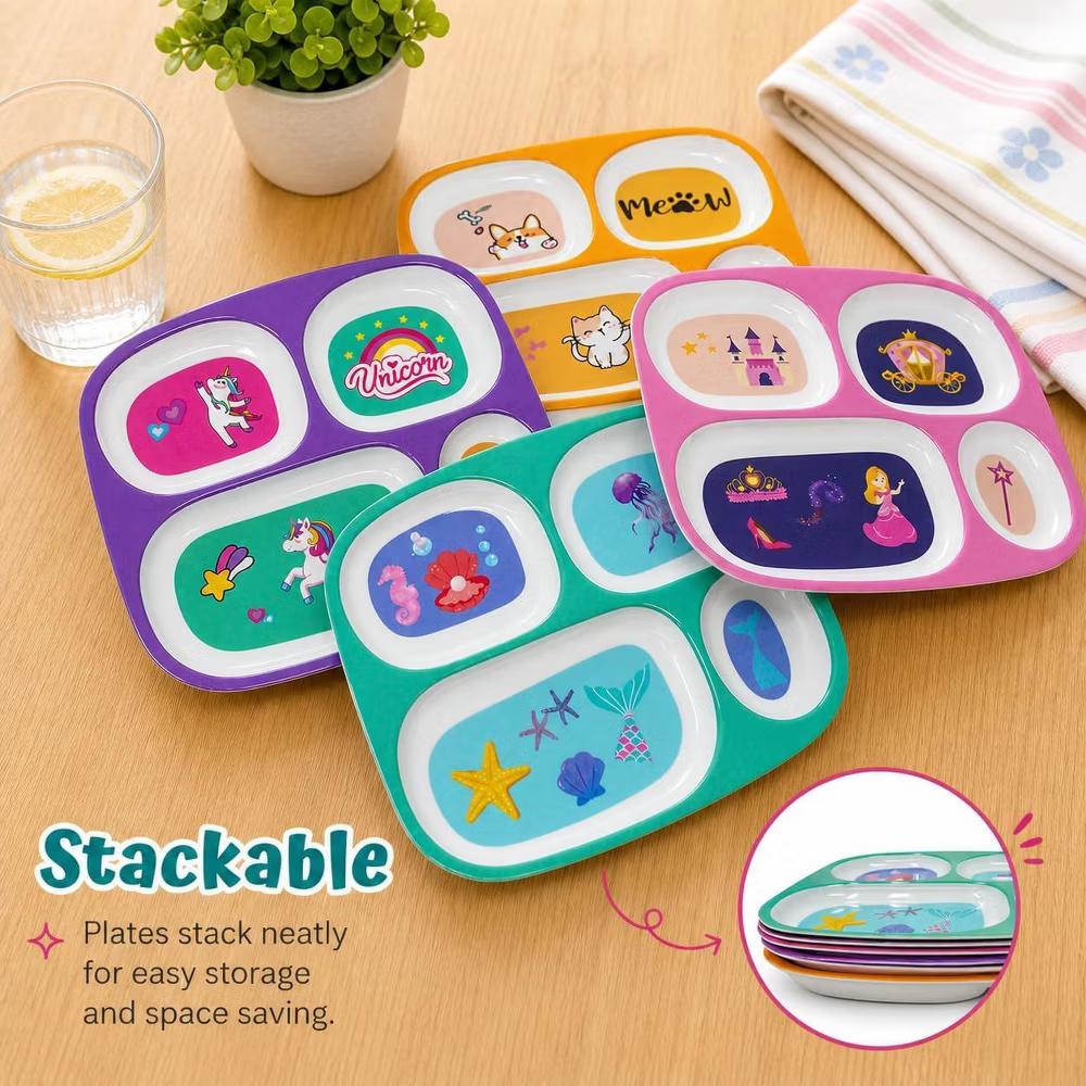 4E’s Novelty Kids Melamine Divided Dinner Plates – Set of 4 BPA-Free Plates for Picky Eaters - Image 8
