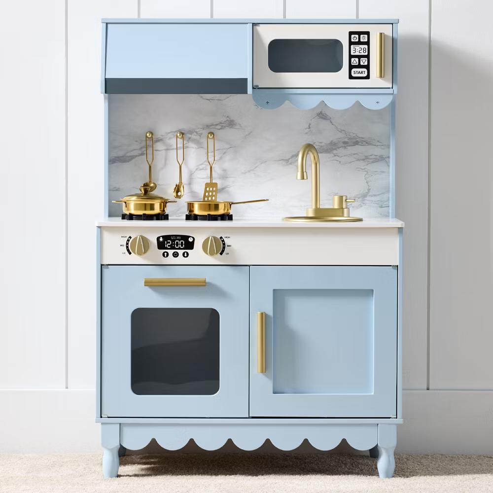 Wooden Cottage Kids Pretend Play Kitchen with 5 Accessories and Toy Storage - White - Image 16
