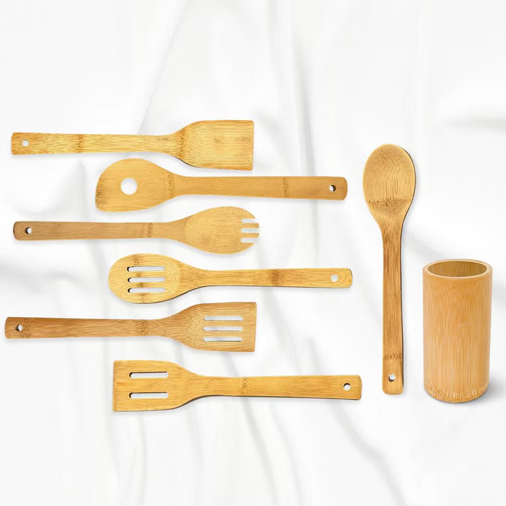 8pc Bamboo Cooking Utensils Set with Holder – Natural Wooden Spoons and Spatulas for Nonstick Pans