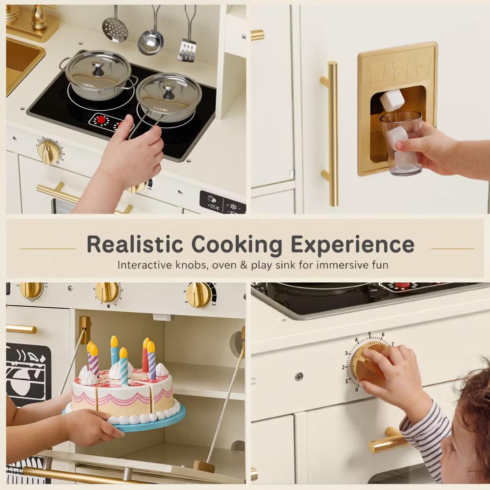 Wooden Play Kitchen for Kids with Running Water Sink, Interactive Stove, Ice Maker, Microwave, Oven & Dishwasher, Ages 3+ - Image 10