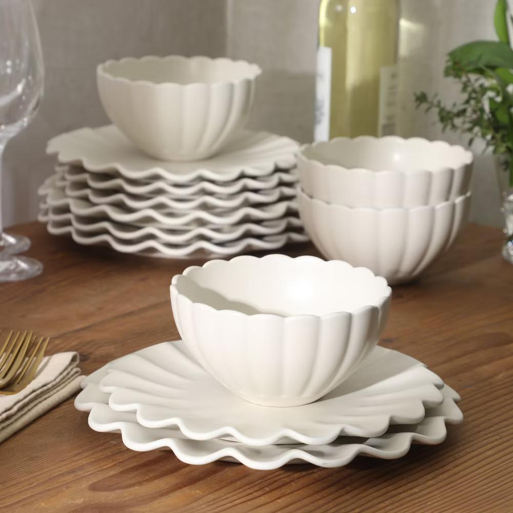 Plates and Bowls Sets, 12-Piece Stoneware Dinnerware Set for 4, Scalloped Dish Set with Dinner Plates, Salad Plates & Bowls - Image 2