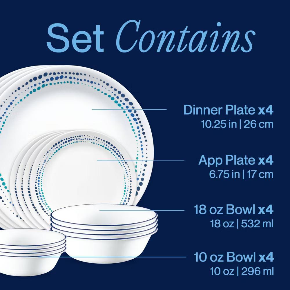 16pc Ocean Blues Dinnerware Set: Polka Dot Plates & Bowls, Service for 4, Dishwasher-Safe - Image 4