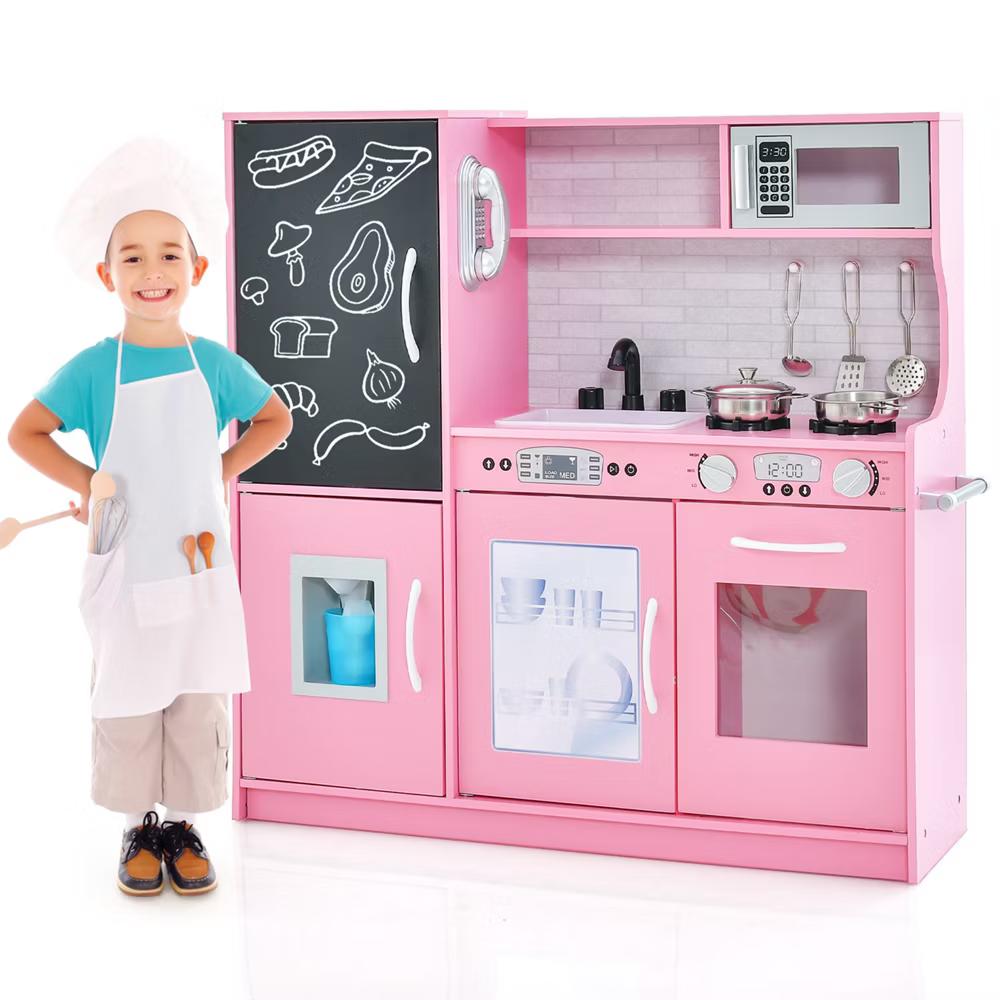 Kid's Pretend Play Kitchen Toddler Kitchen Playset with Blackboard Pink/White/Light Pink/Beige - Image 61