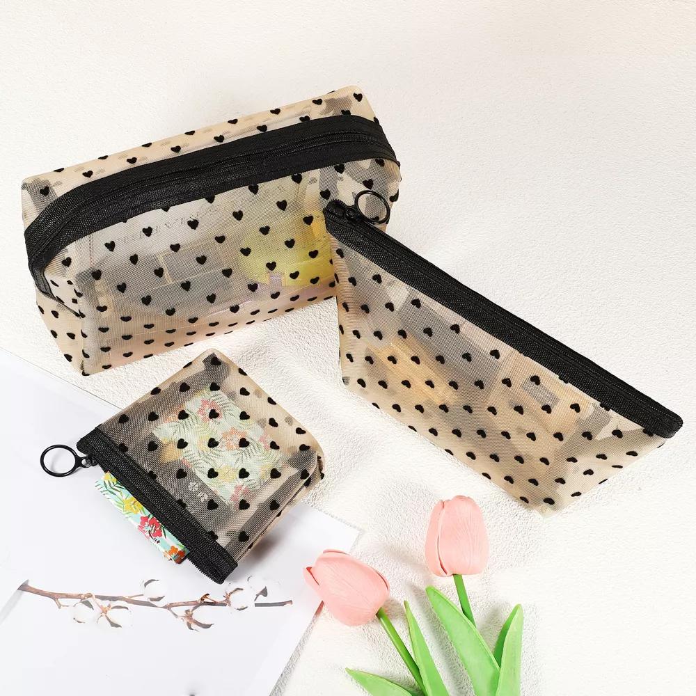 Nylon Heart Shape Print Mesh Clear Makeup Bags 3 Pcs - Image 2
